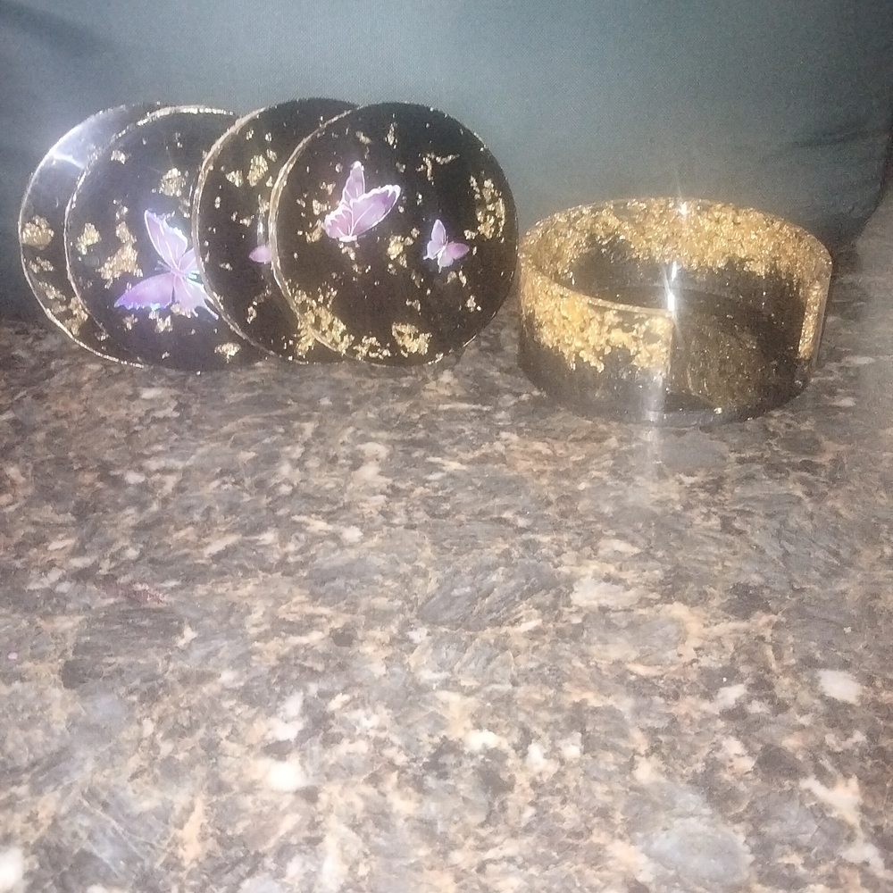 Black and Gold Resin Coasters With Butterflies